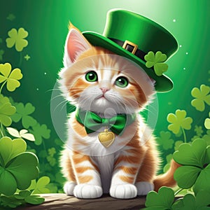 Ginger kitten dons a green hat, St. Patrick's Day, green background