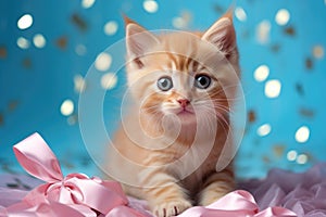 A ginger kitten in a pink gift box. On the background bright confetti, ribbons. Concept for a postcard