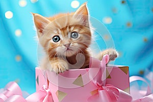 A ginger kitten in a pink gift box. On the background bright confetti, ribbons. Concept for a postcard