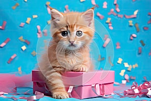 A ginger kitten in a pink gift box. On the background bright confetti, ribbons. Concept for a postcard