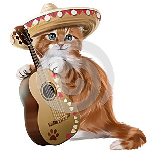 Ginger kitten playing the guitar watercolor painting