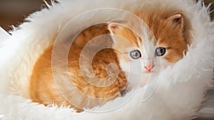 Ginger kitten in santa hat against the background of a Christmas