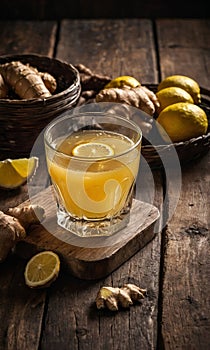 Ginger and lemon fresh cocktail, immunotherapy drink. Healthy ginger tea with lemon and honey on table close-up. Ginger and lemon