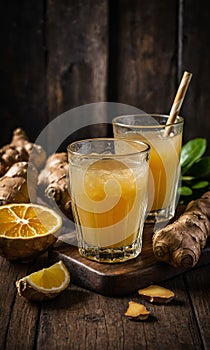 Ginger and lemon fresh cocktail, immunotherapy drink. Healthy ginger tea with lemon and honey on table close-up. Ginger and lemon