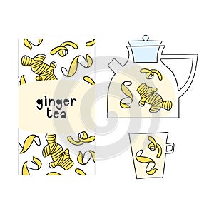 Ginger and lemon tea packaging design, teapot, cup. Hand drawn doodle illustration of healthy drink.