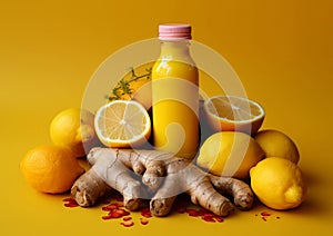 Ginger lemon turmeric immune system shot juice with ingredients on yellow background.Macro.AI Generative