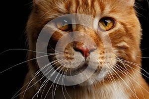 Ginger Maine Coon Cat Isolated on Black Background