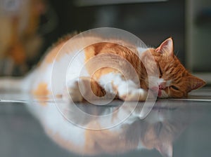 Ginger Male Cat Relaxing On Floor