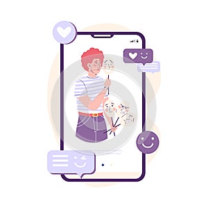 Ginger man holding fake emotion mask in his hands. Fake mask and fake reaction on social media vector illustration.