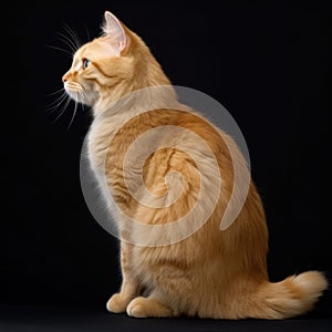 ginger manx cat with short tail, plain black background