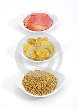 Ginger Powder, Marinated and Crystallised, zingiber officinale against White Background