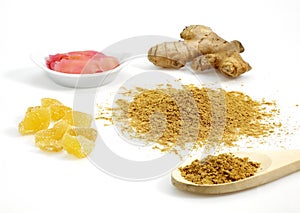 Ginger Powder, Root, Marinated and Crystallised, zingiber officinale against White Background photo