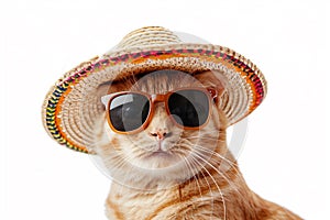 A ginger pretty cat in sunglasses and a sombrero hat