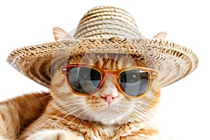 A ginger pretty cat in sunglasses and a sombrero hat
