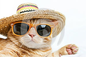 A ginger pretty cat in sunglasses and a sombrero hat, isolated on white background