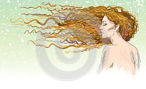 Ginger. Red-haired girl. Hair blown by the wind.