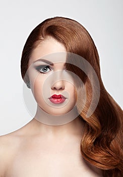 Ginger red long hair.Fashion portrait red lips