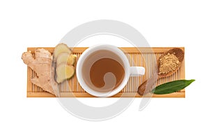 Ginger rhizome and tea isolated on white background with clipping path.top view,flat lay