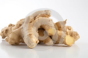 Ginger root close-up on a white background. Generative AI
