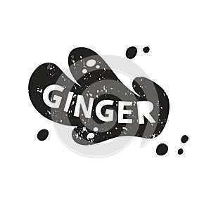 Ginger root grunge sticker. Black texture silhouette with lettering inside. Imitation of stamp, print with scuffs