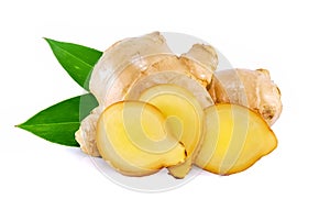 Ginger root with leaf isolated on white background