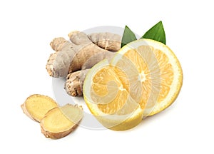 Ginger root with lemon on white backgrounds