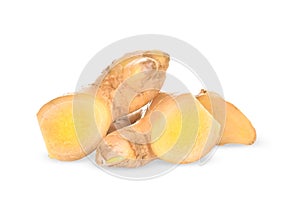 Ginger root, slices of ginger isolated on white background