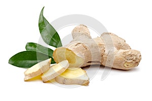 Ginger root and slices with leaves isolated