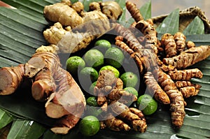 Ginger root, turmeric and lime Bali cooking ingredients