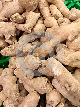 Ginger roots. Offered for sale in a shop.