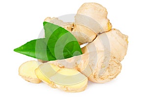 ginger roots with slices and green leaves isolated on white background