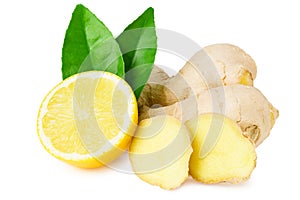 ginger roots with slices, green leaves and lemons isolated on white background