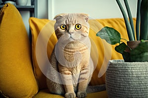 Ginger scottish fold cat sitting on yellow sofa near a green potted