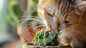 A ginger tabby cat gently bites a small cactus, a dangerous but curious natural interaction captured in warm light.