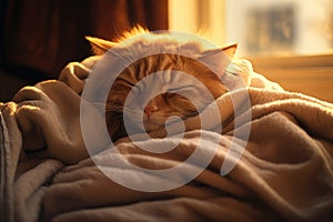 Ginger tabby cat sleeping on bed. Happy cute kitten resting at home. Adorable pet sleep on cozy white plaid.