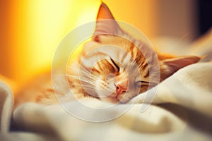 Ginger tabby cat sleeping on bed. Happy cute kitten resting at home. Adorable pet sleep on cozy white plaid