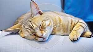 Ginger tabby cat sleeping on a sofa.