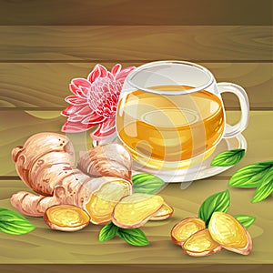 Ginger tea composition on wooden background
