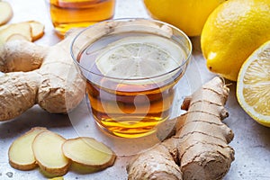 Ginger tea in a glass for flu cold winter days