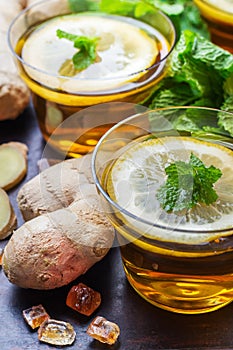 Ginger tea in a glass for flu cold winter days