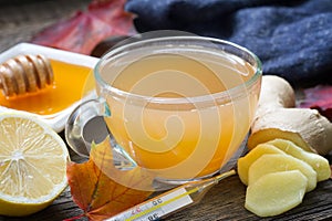 Ginger tea infusion with lemon and honey immunity on flu cold concept