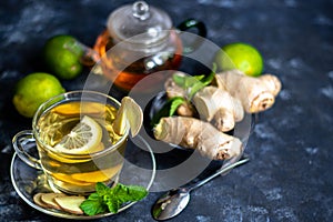 Ginger tea with lemon. Promotes weight loss.