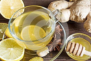Ginger tea in transparen cup with lemon, honey and spices