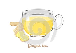 Ginger tea in transparent glass cup. Healthy hot drink.