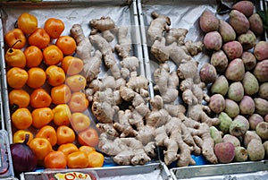 Ginger, tunas and cascabel pepper in the open market in mexico city. photo