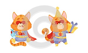 Ginger Whiskered Cat in Red Superhero Cloak Smacking Lips and Holding Gift Box Vector Set