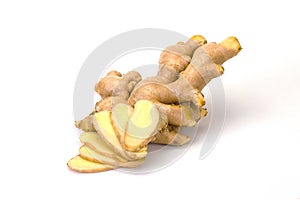 The ginger on white background Ginger is an annual plant. With underground rhizomes The outer shell is yellowish brown. The meat