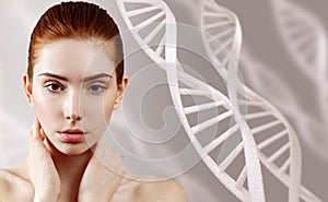 A ginger woman among the DNA strands