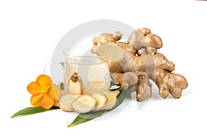 Ginger or zingiber officinale and juice isolated on white background