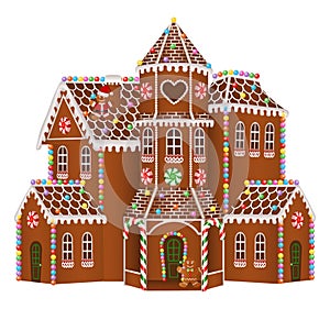 Gingerbread big house with christmas candies, gingerbread man and gingerbread tree